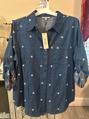 Denim Button-Up Shirt with Daisy Embroidery